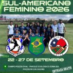 Cartaz do Campeonato Sul-Americano Feminino 2026 com a Seleção Brasileira e os escudos de Brasil, Chile e Costa Rica